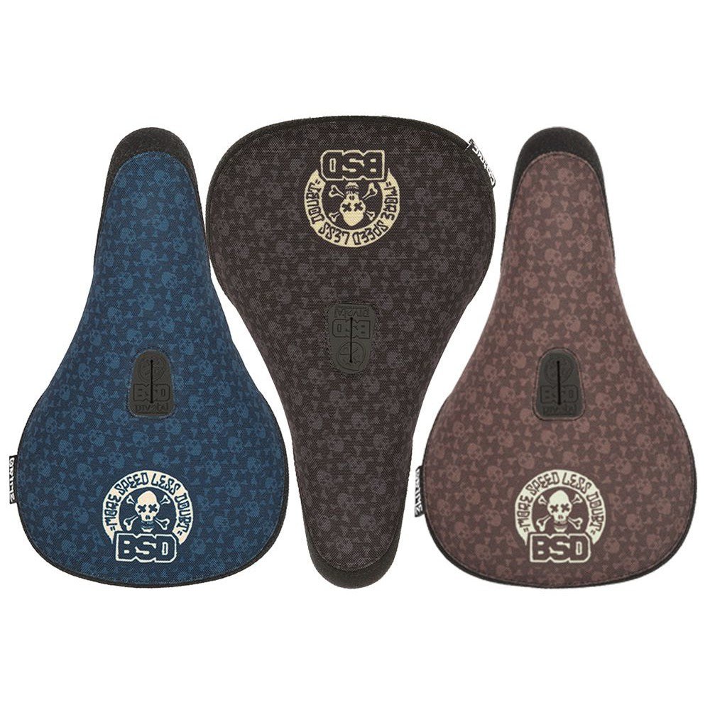 A set of three BSD Grime (Denim Cox) Pivotal Seats with different designs, perfect for cyclists looking to maximize speed and enhance their SEO performance.