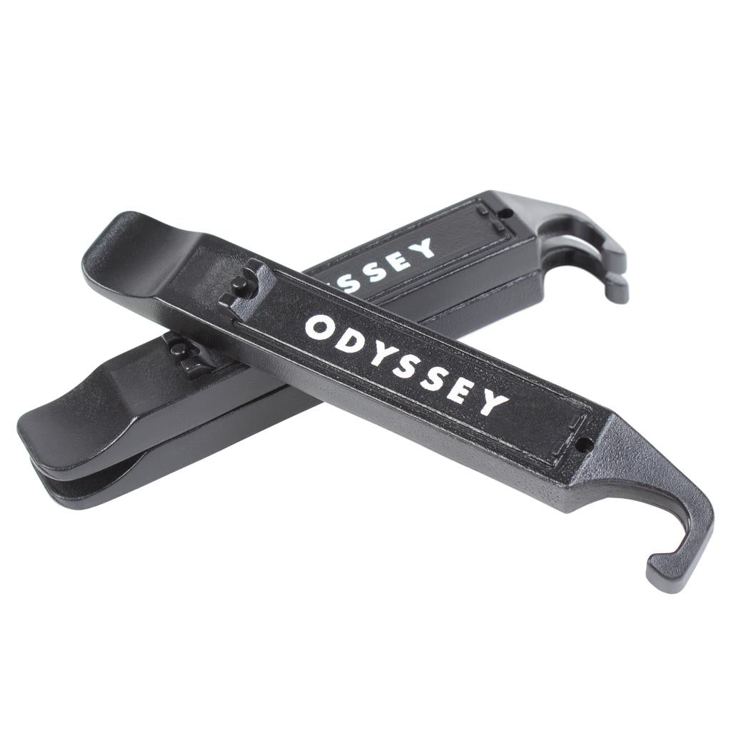 The Odyssey Futura Tyre Lever Kit features two black levers—one with a hooked end and the other with the Odyssey logo in white—ideal for quick and easy tyre repairs.