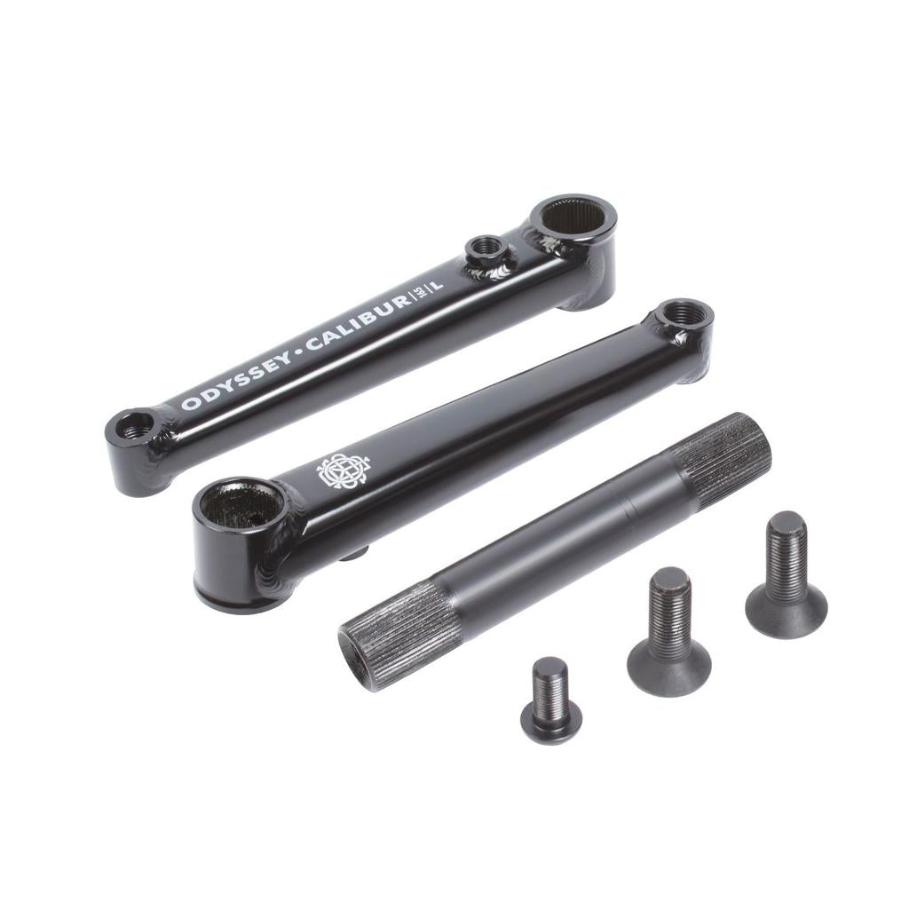 Two black Odyssey Calibur V2 BMX crank arms, crafted from durable 4130 chromoly, with one spindle and three bolts are arranged on a white background.