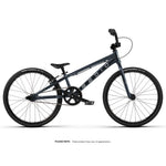 The Radio Xenon Junior 20 Inch Bike is a blue BMX race bike with a compact hydroformed 6061-T6 alloy frame, black seat, and slim Tioga Power Block tyres, shown in profile against a white background.