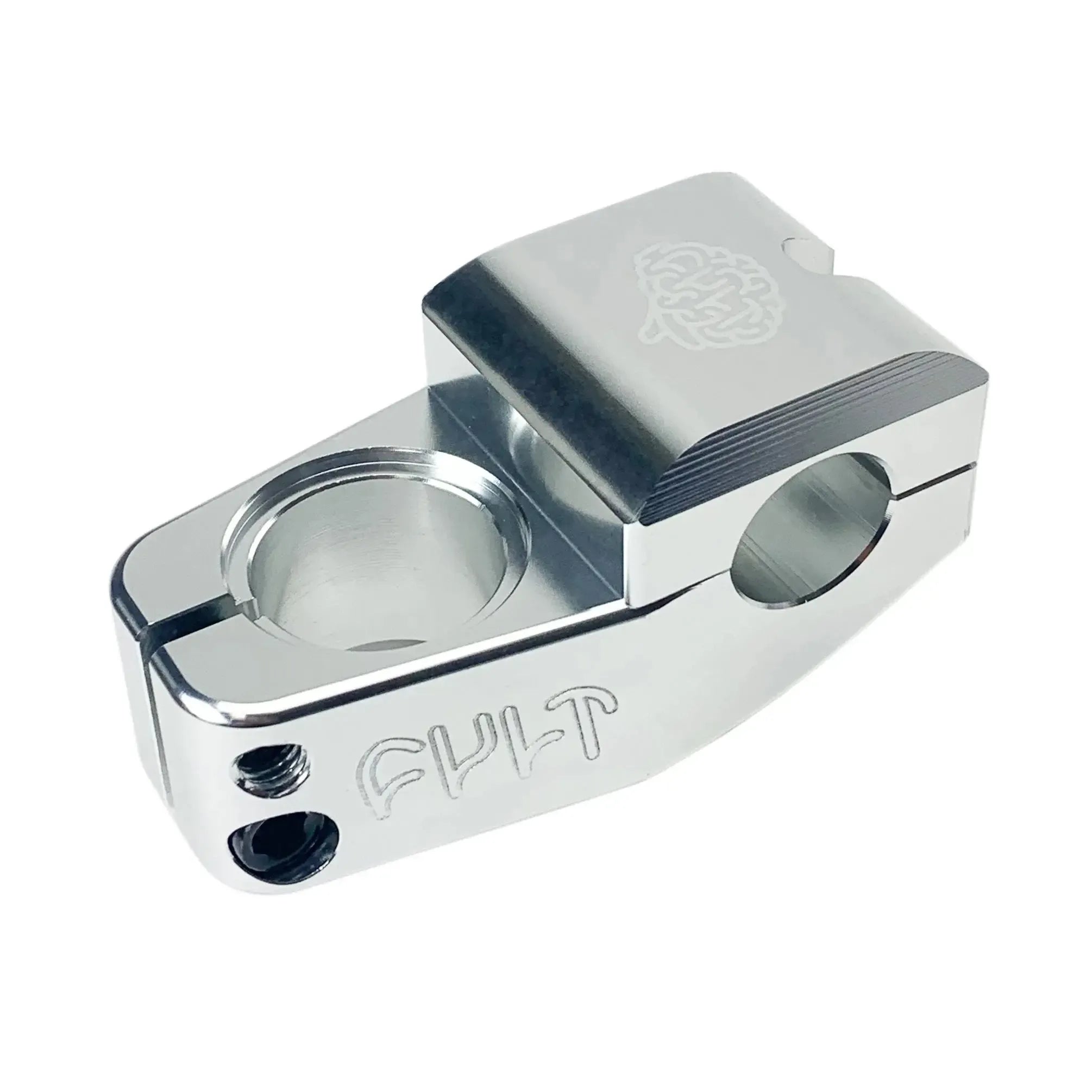 The Cult Max Vu Top Load Stem is a polished silver BMX stem featuring "CULT" engraved on the side and a brain logo on top.