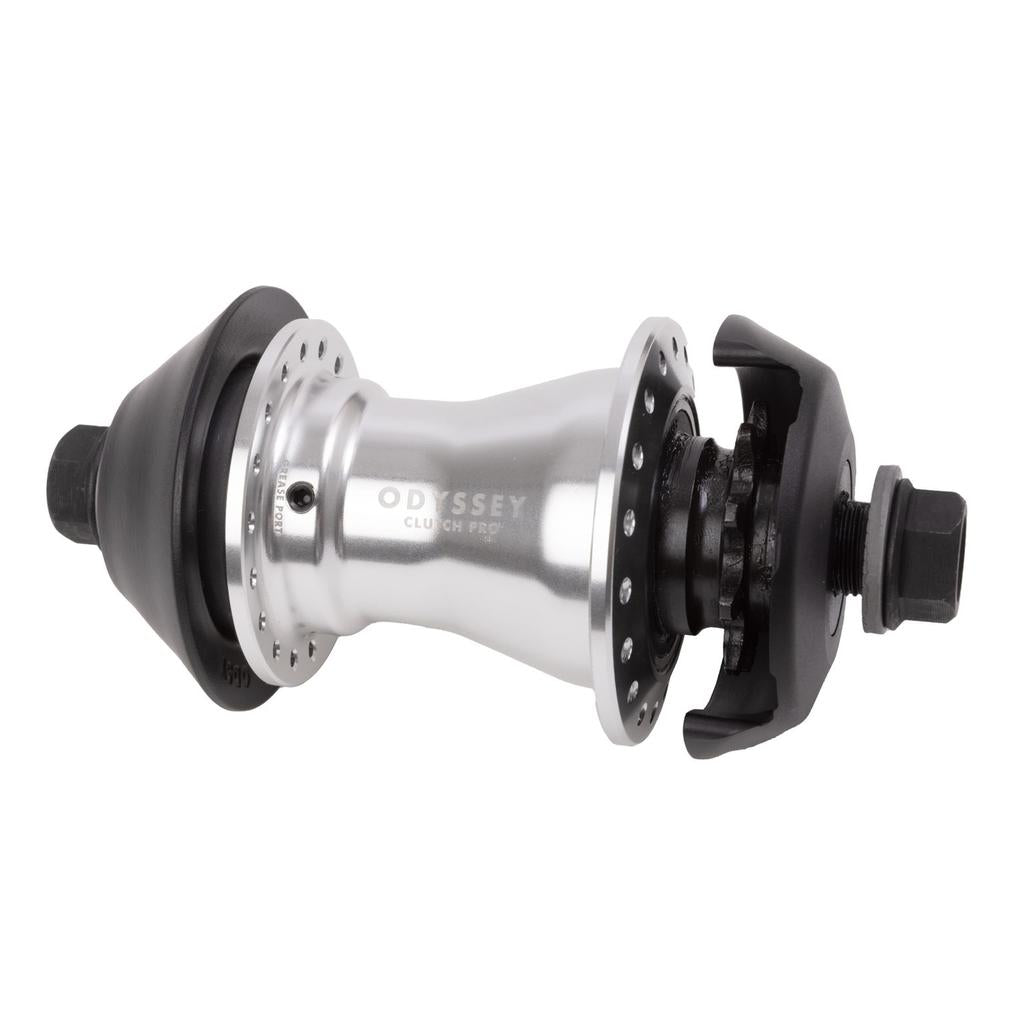 The Odyssey Clutch Pro Rear Freecoaster Hub in silver features tool-free slack adjustment, black axle hardware, and BMX hub guards. Shown from the side against a white background.