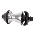 The Odyssey Clutch Pro Rear Freecoaster Hub in silver features tool-free slack adjustment, black axle hardware, and BMX hub guards. Shown from the side against a white background.