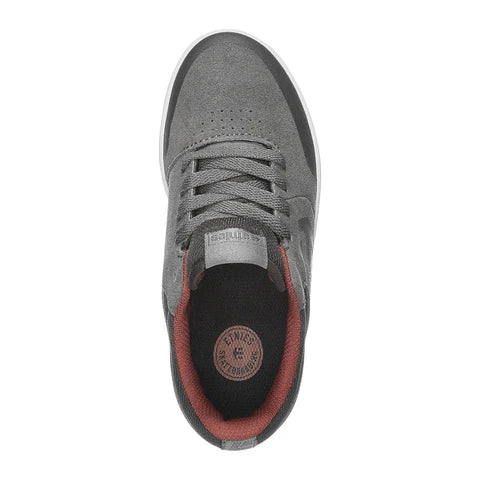 Top view of the Etnies Marana Michelin Shoes in gray suede featuring black accents, a red interior lining, and a white sole made from Michelin performance rubber. The tongue label showcases a circular logo along with the brand name.
