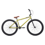 The Kink Drifter 26 inch Bike (2027) features a yellow frame, large black tires, a brown seat, and straight handlebars, all set against a white background with its sturdy chromoly build standing out.