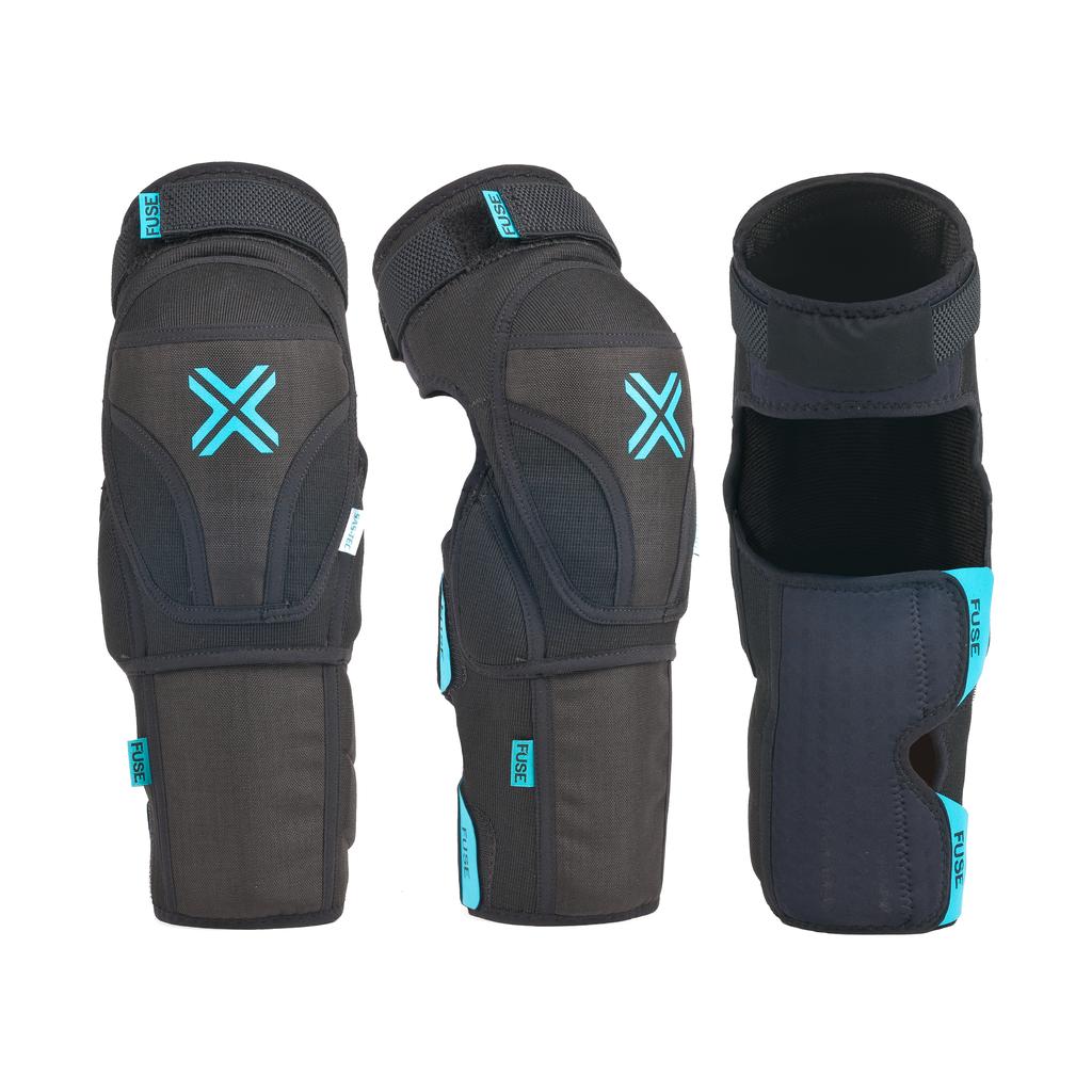 Three Fuse Echo 75 Knee/Shin Combo Pads (Pair), black and blue with advanced SAS-TEC foam for superior impact absorption, are shown from the front, side, and back on a white background.