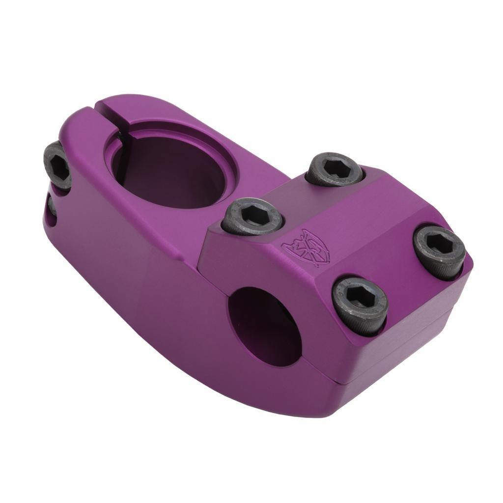 The S&M Enduro V2 Stem is a purple anodized top load BMX stem with a front plate secured by four black hex bolts and one side bolt.