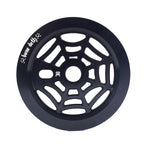 The Bone Deth Webslinger Sprocket, with its spider web cutout and engraved text and symbols around the edge, is a striking and durable addition to any bike.