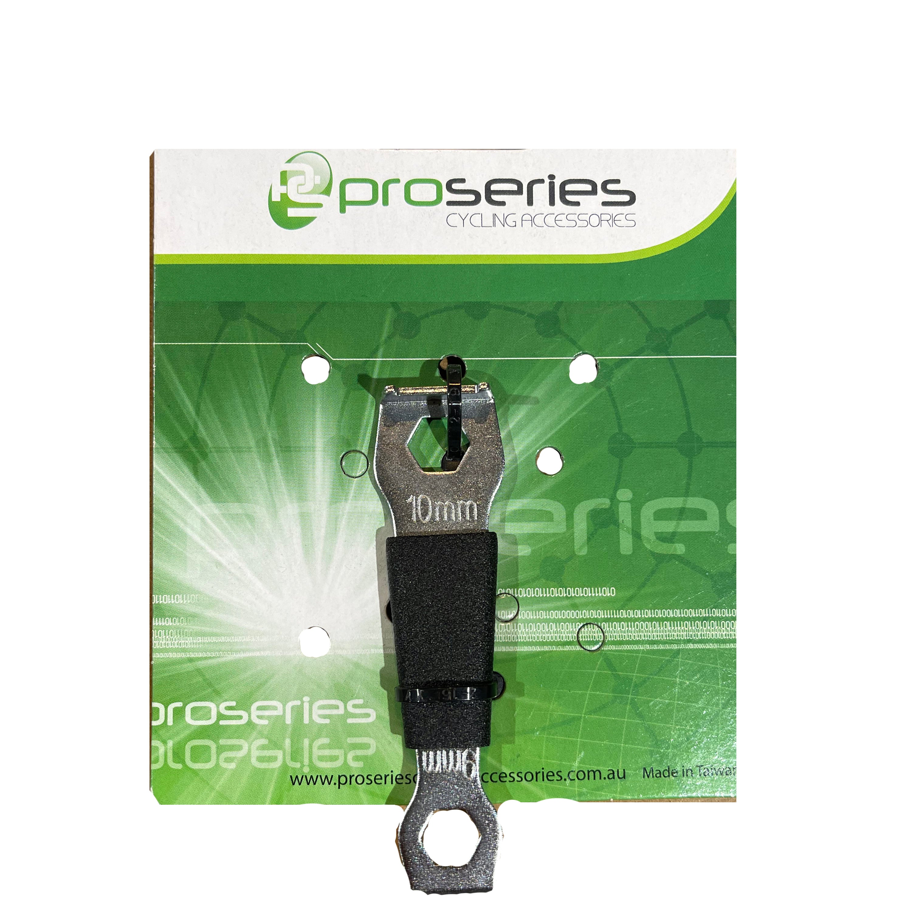 The Proseries cycling packaging includes a Chainring Nut Wrench, featuring a multi-use cycle tool with a chainring nut wrench, 10mm socket, and various wrench sizes.