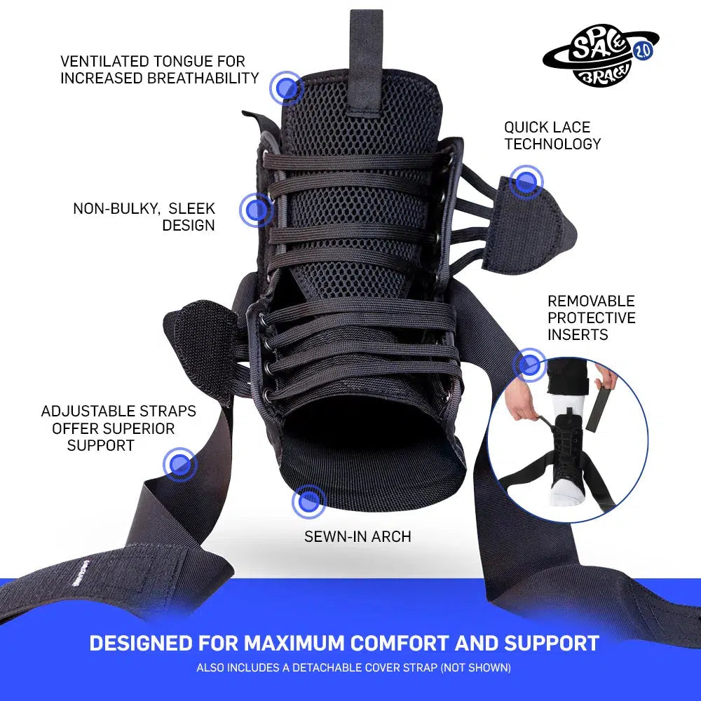 A Space Brace 2.0 Ankle Brace (Single) with features labeled including a ventilated tongue, quick lace technology, adjustable straps, removable protective inserts, non-bulky design, and a sewn-in arch. Perfect for both prevention and recovery stages.