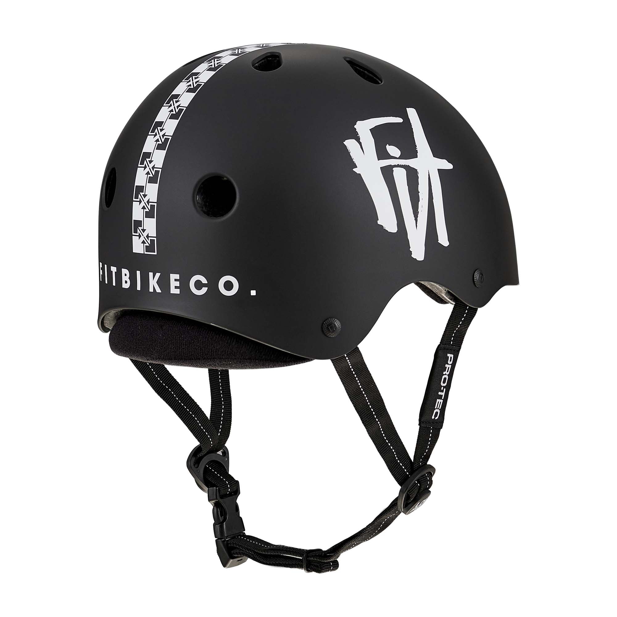 Protec Fit Bike Co Low Pro Certified Helmet in matte black with a white "FIT" logo, checkered stripe, ventilation holes, and adjustable black straps, offers high-impact ABS protection for safety and a customizable fit for maximum comfort.
