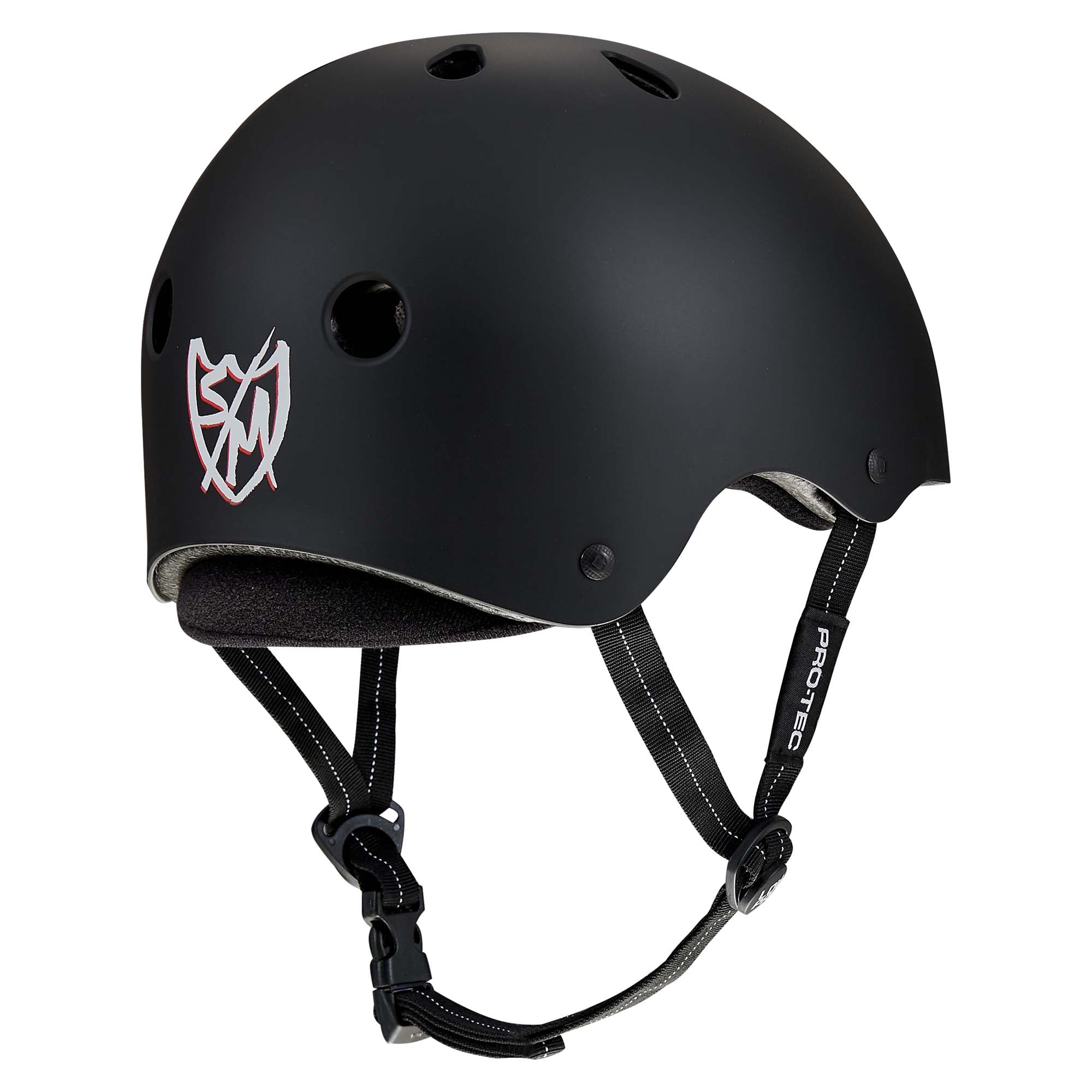 Protec S&M Low Pro Certified Helmet featuring a matte black finish, chin strap, ventilation holes, foam padding, high-impact ABS protection, and a white and red logo on the side.