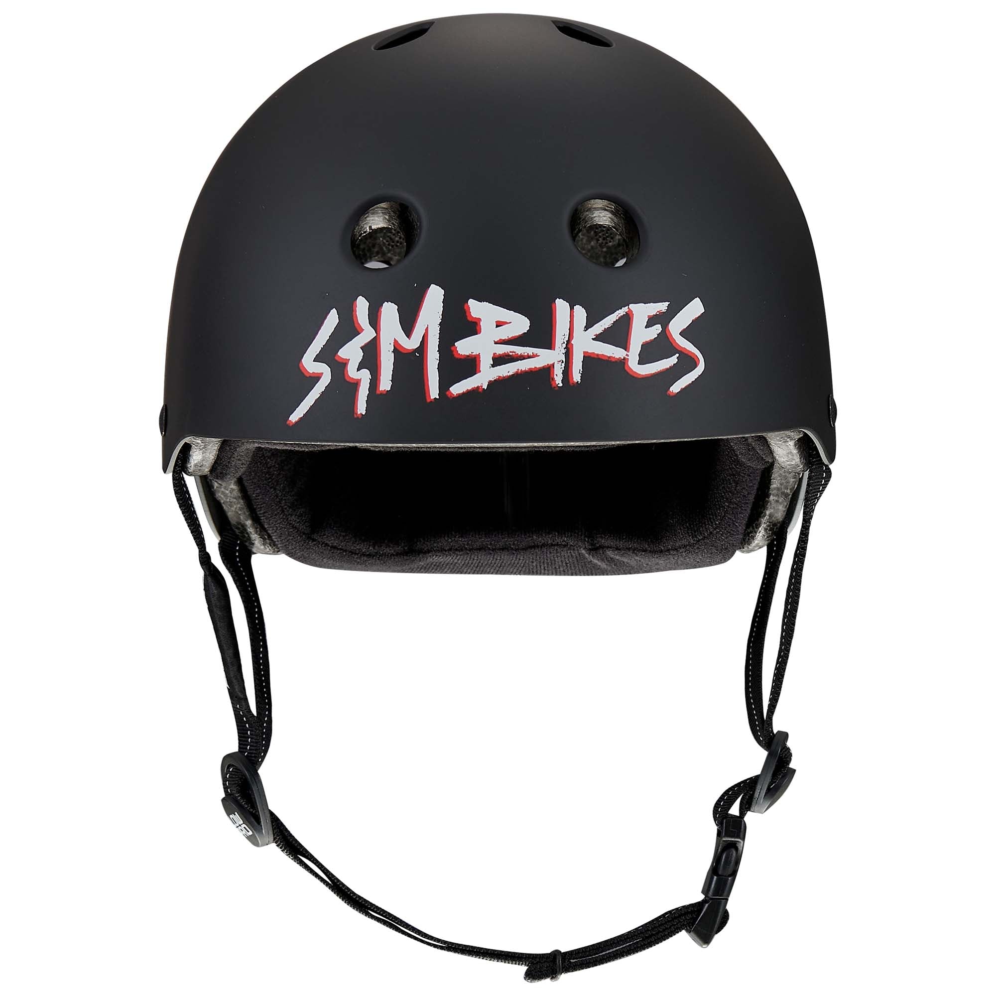 A black bike helmet with ventilation holes and chin straps, the Protec S&M Low Pro Certified Helmet provides high-impact ABS protection and displays "S&M Bikes" in bold white and red lettering on the front.