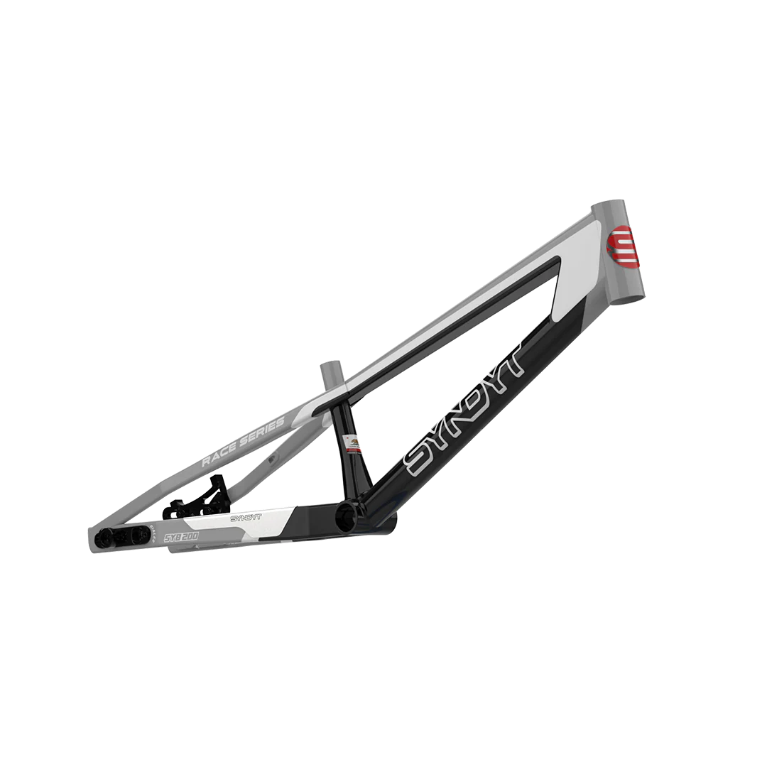 A black, gray, and white Syndyt 200 Expert XL Frame made from 6061 alloy with the "Stay Strong" logo on the downtube, shown on a white background—ideal for BMX racing frame enthusiasts.