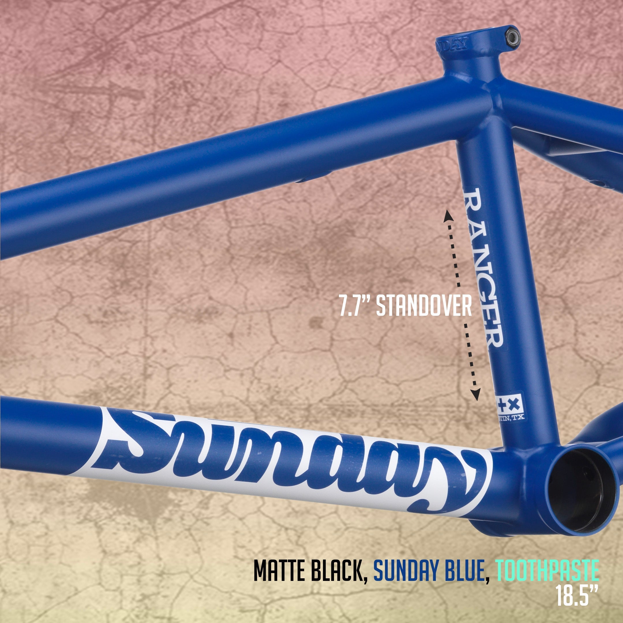 Close-up of the Sunday Ranger 18 Inch Frame in blue, featuring "RANGER" and "Sunday" graphics, a strong chromoly build, 7.7” standover height, size 18.5”, and available color options shown at the bottom.