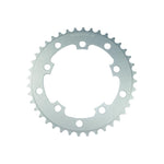 A silver CNC machined MCS 110BCD 5 Bolt Chainring with 40 teeth and multiple mounting holes, labeled "VCS Bicycles - 40T"—ideal for BMX performance upgrades.