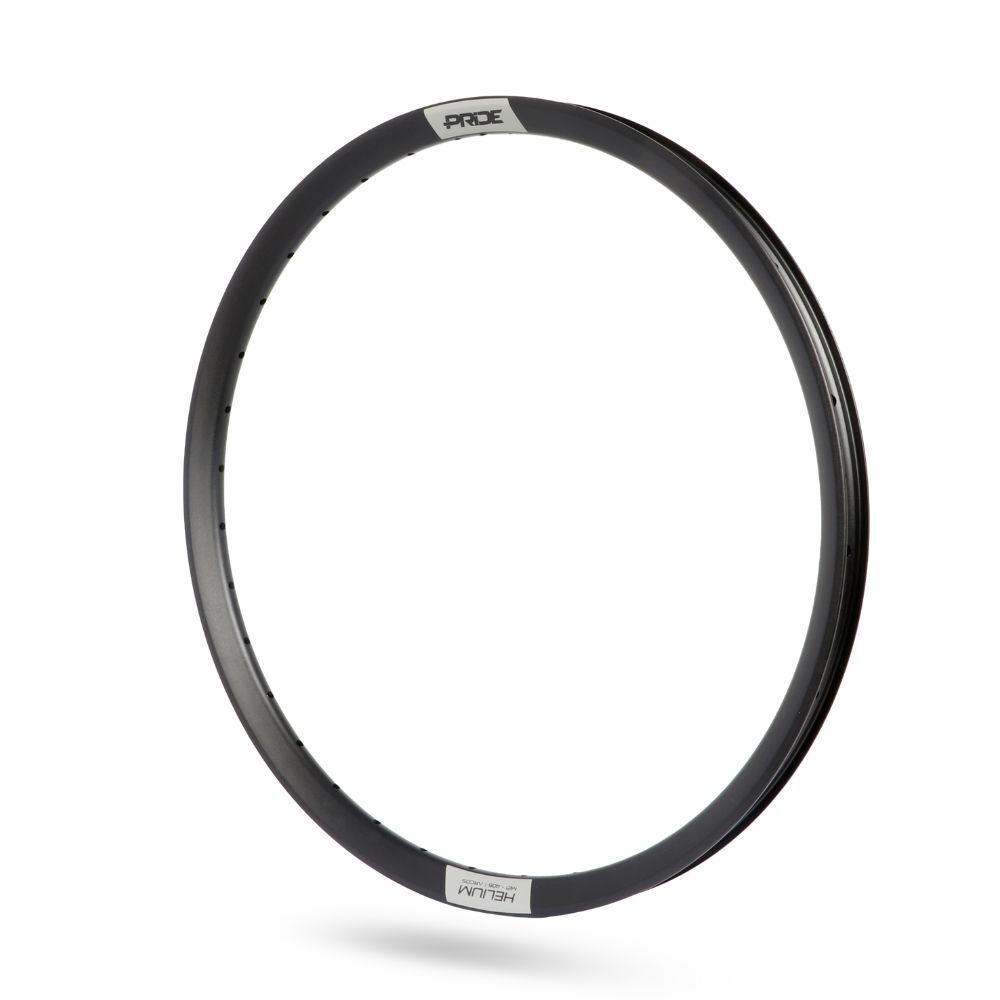 The PRIDE Helium Brakeless Expert Rim is a lightweight, black circular bicycle rim featuring a minimal design, expertly crafted from aluminium and displayed against a white background.
