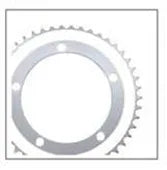 A partial view of a 5 Bolt 130 BCD Chainring with 44 teeth and evenly spaced holes, shown against a plain white background—ideal for single speed setups.