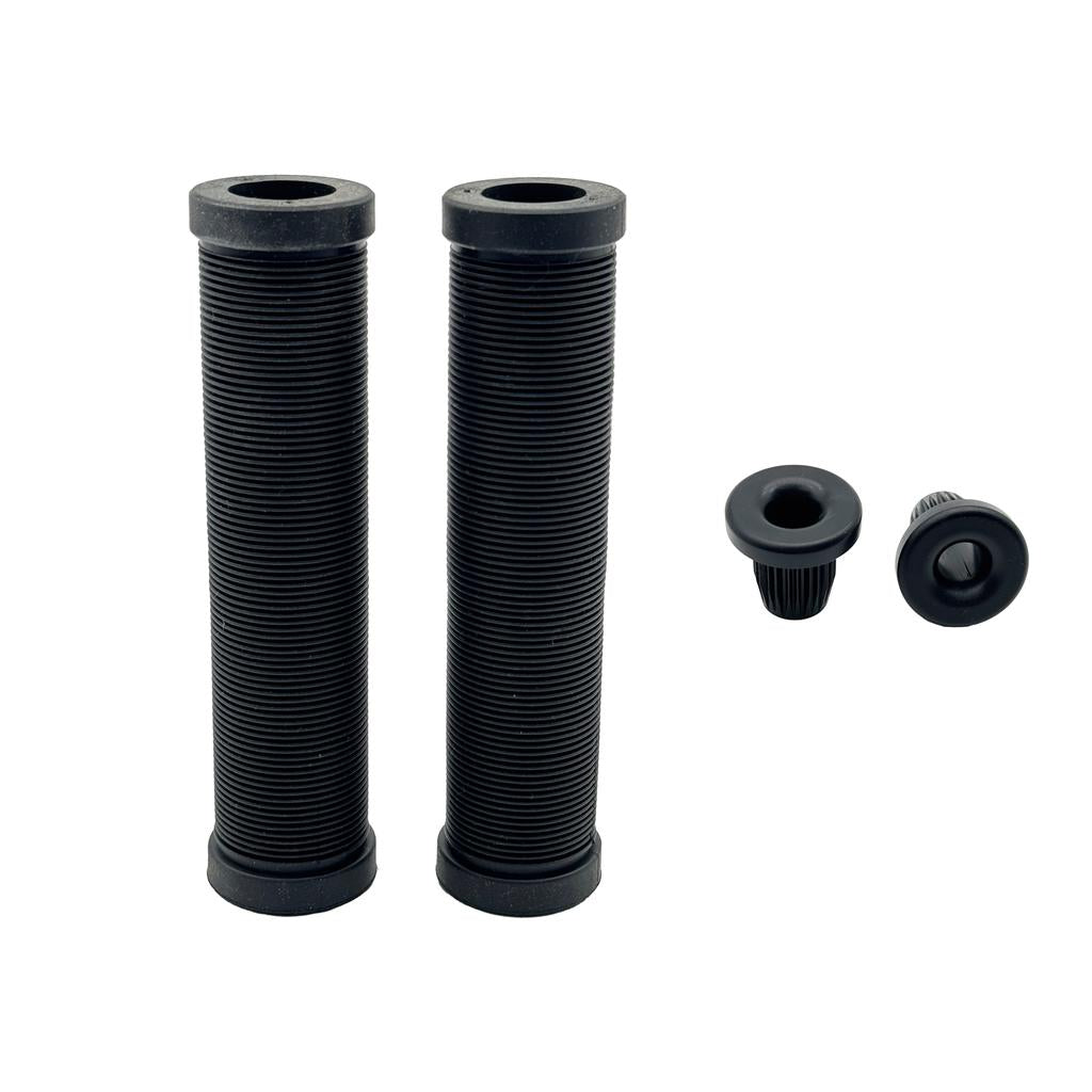 Two black DRS Mushroom Grips with a subtle mushroom design stand upright side by side, each paired with a matching press-fit bar end, all displayed on a clean white background.