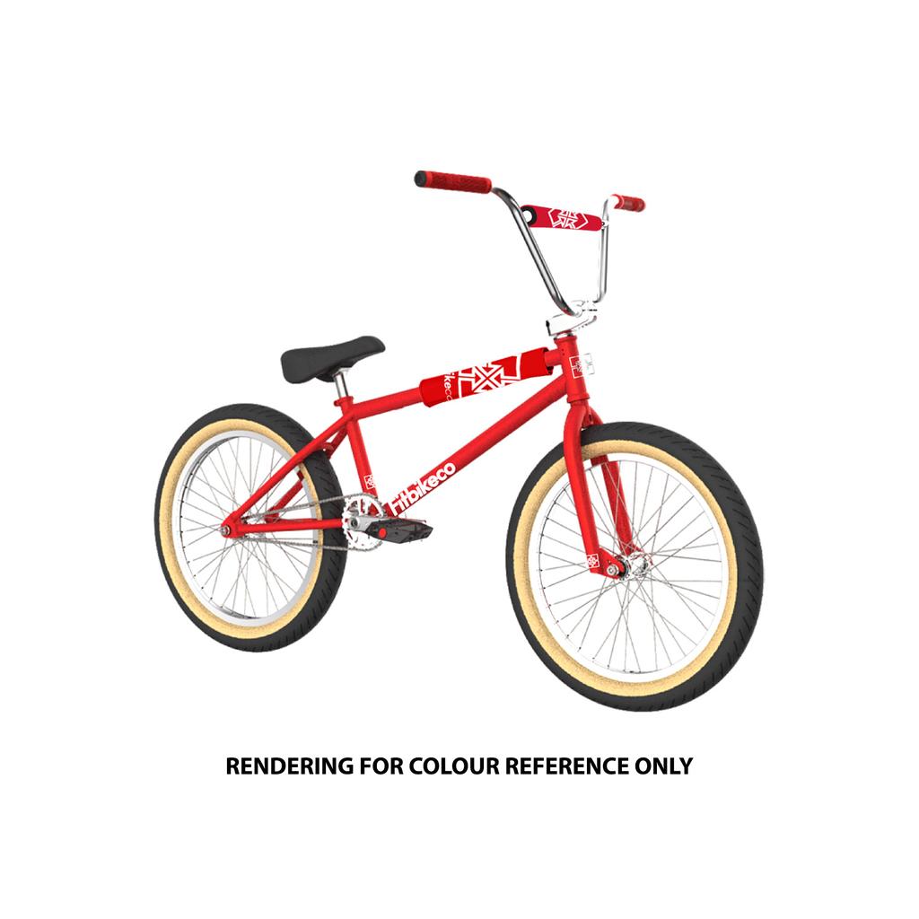Fit Bike Co Series 22 Inch Bike with red frame, tan tires, black saddle, and white decals is shown on a white background. Text below states: "RENDERING FOR COLOUR REFERENCE ONLY.
