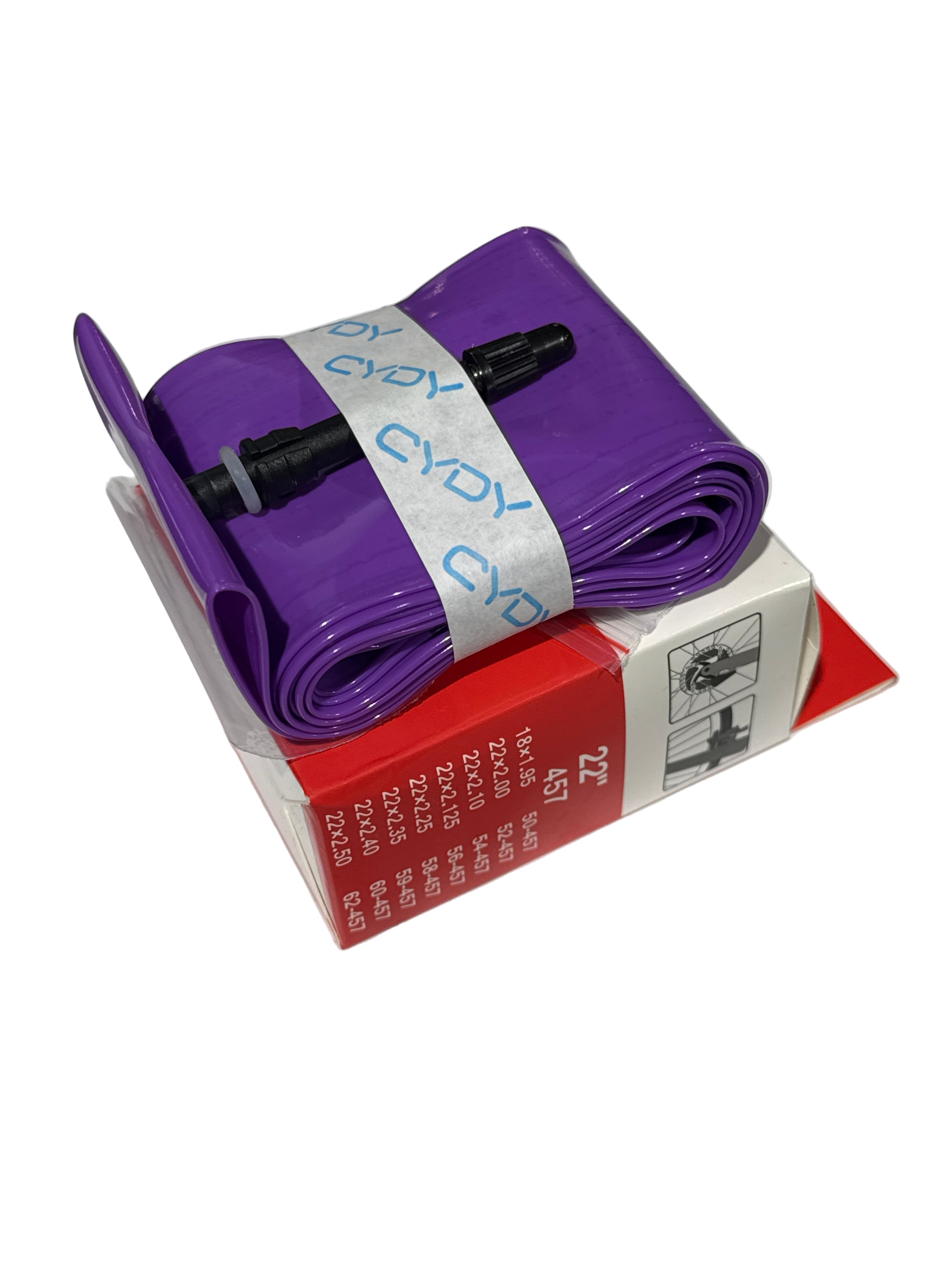 A folded CYDY TPU 22 Inch Inner Tube with a black Presta valve sits atop a red and white product box.