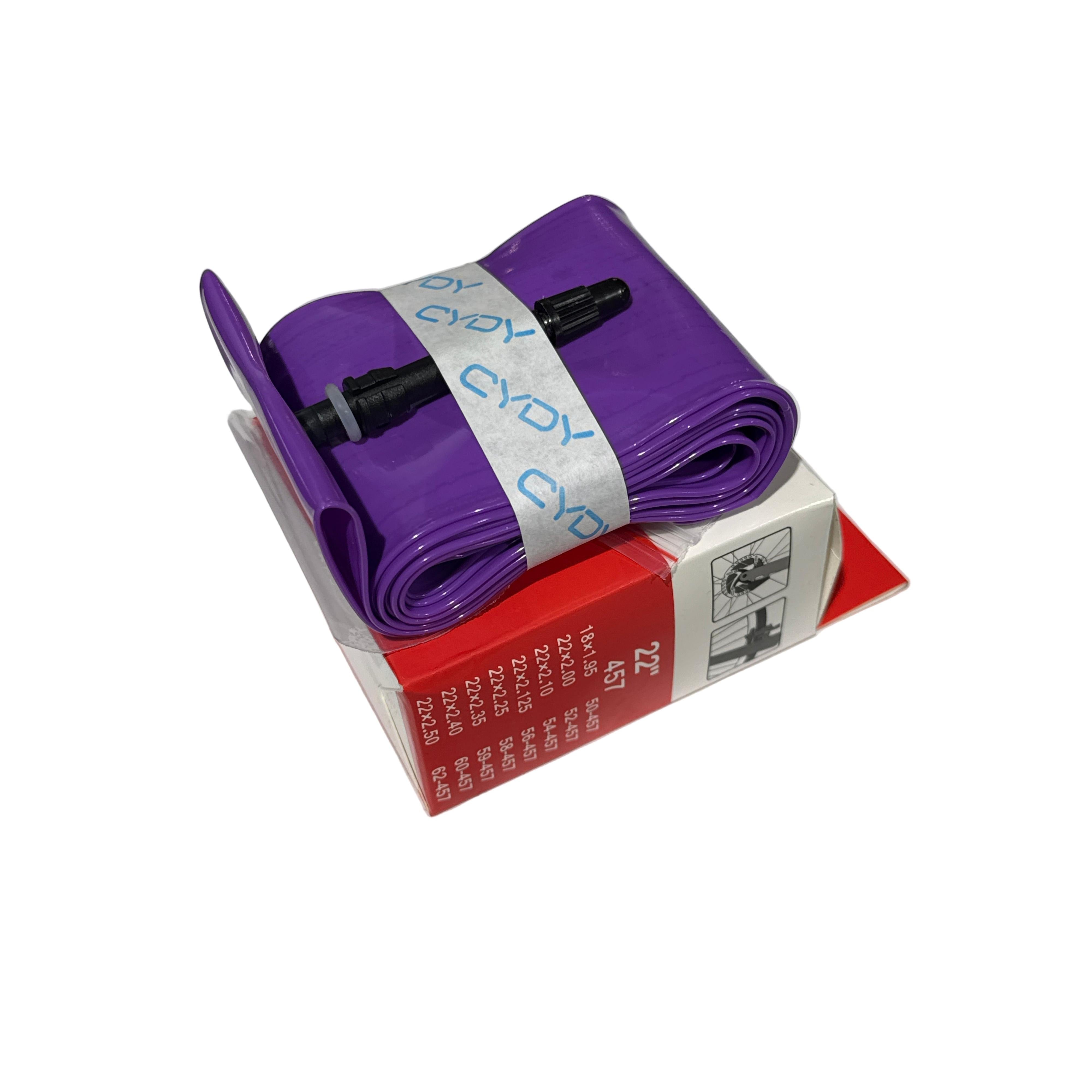A folded CYDY TPU 22 Inch Inner Tube with a black Presta valve sits atop a red and white product box.