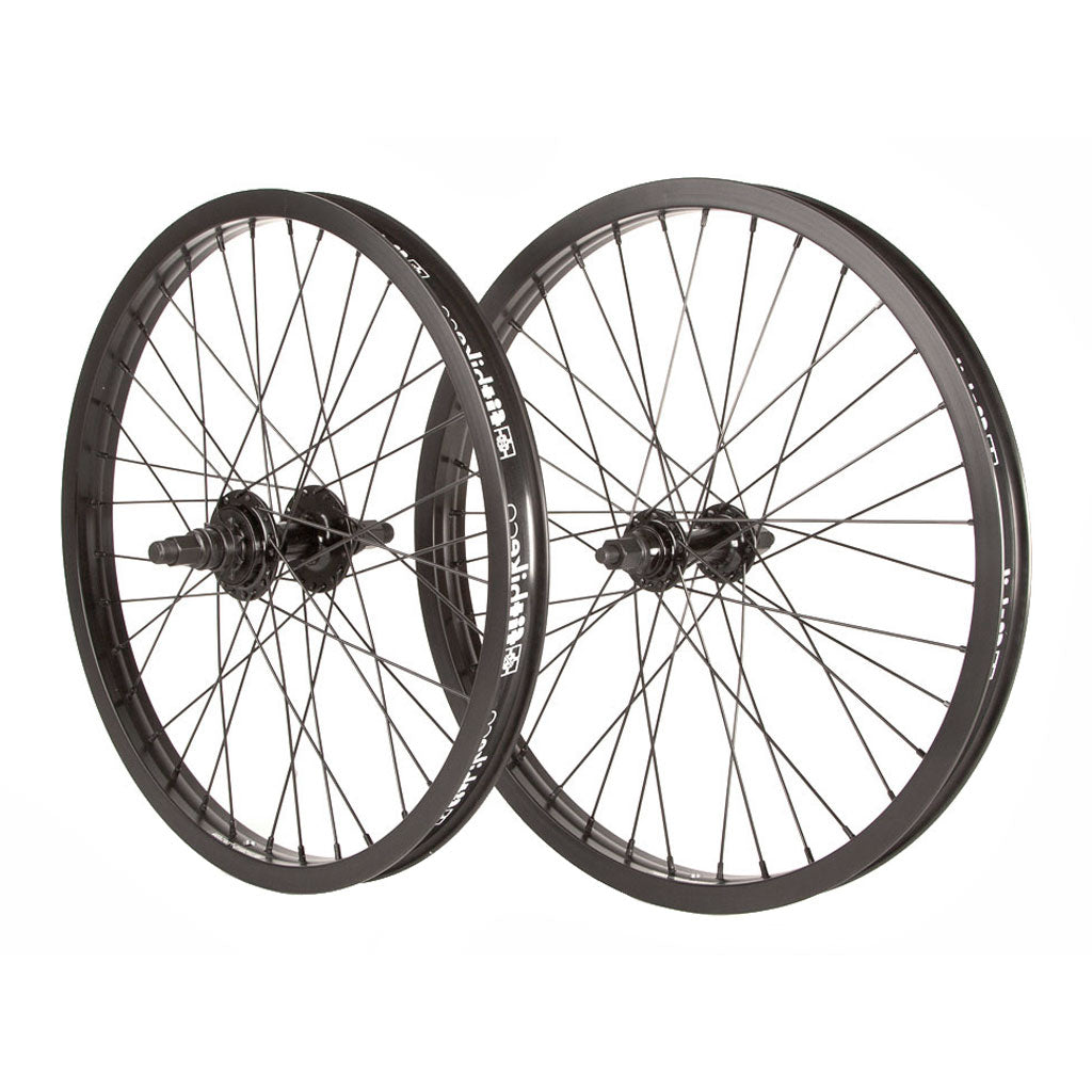 A pair of black Fit Bike Co OEM 20 Inch Wheel Set wheels with 36H on a white background.