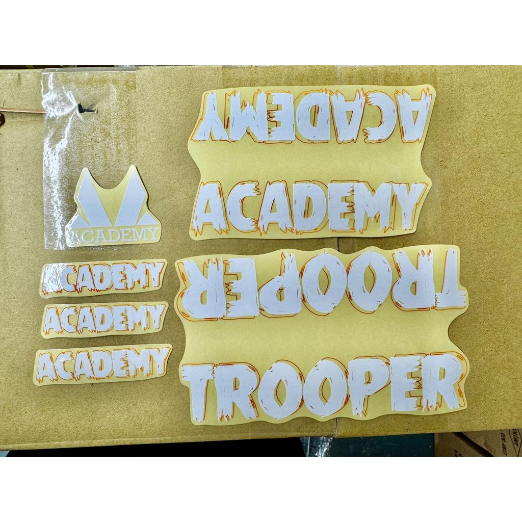 Academy Trooper Sticker Pack featuring die-cut designs of the words “ACADEMY” and “TROOPER” in a stylized, jagged font.