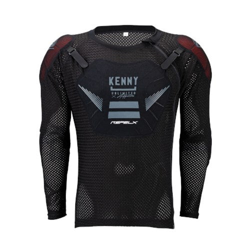 The Kenny Racing Reflex Safety Jacket is a black jacket with mesh design for excellent ventilation, featuring shoulder and chest armor, and branded text on the front. Perfect for Downhill and Enduro enthusiasts seeking protection.