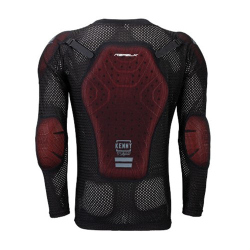 The Kenny Racing Reflex Safety Jacket, perfect for Downhill and Enduro enthusiasts, is black and red with padded areas on the back, shoulders, and elbows. It features enhanced ventilation to ensure comfort during intense rides.