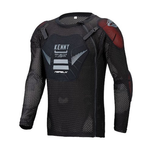 The Kenny Racing Reflex Safety Jacket is a black mesh protective jacket with ventilation, featuring padding on the chest, shoulders, and elbows for optimal protection. The brand name "Kenny" is prominently displayed in white on the front—perfect for downhill and enduro enthusiasts seeking reliable gear.