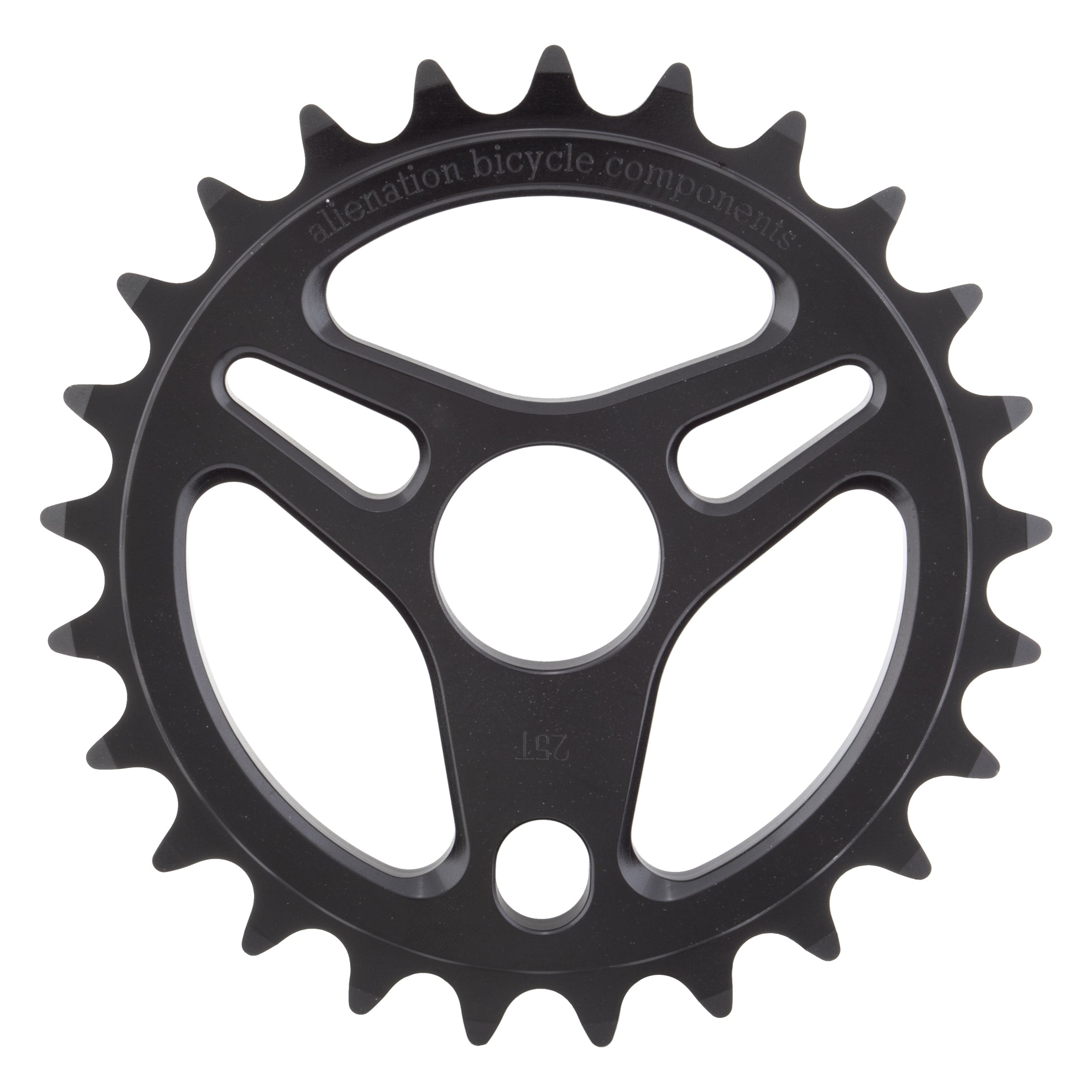 The Alienation Enterprise Sprocket is a black, CNC-machined aluminum chainring with 25 teeth, cut-out details, and "alienation bicycle components" labeling.