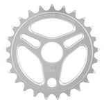 The Alienation Enterprise Sprocket is a silver aluminum chainring with three cutout spokes, CNC machined for precision, and features the engraved text "alienation bicycle components 23T" on a white background.