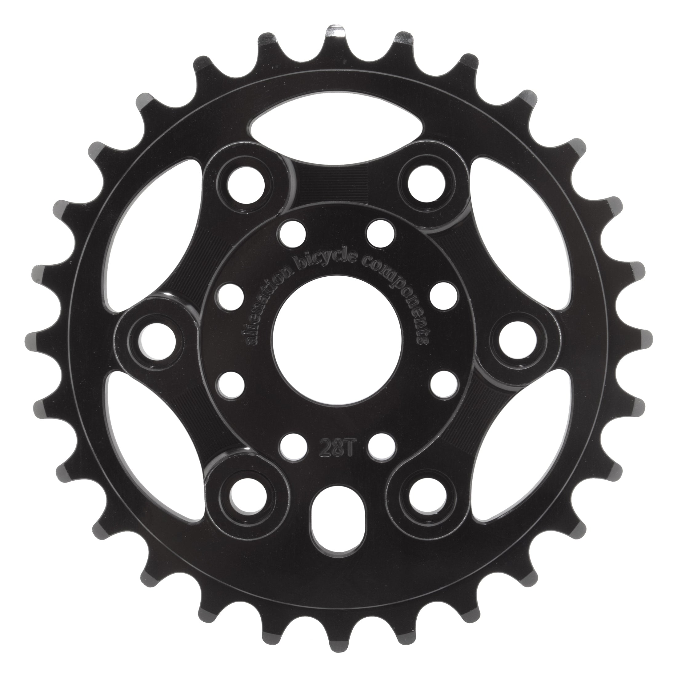 A black, metal Alienation Lynx Sprocket chainring with 28 teeth and five bolt holes is shown from above. "bicycle components" and "28T" are engraved on its surface.
