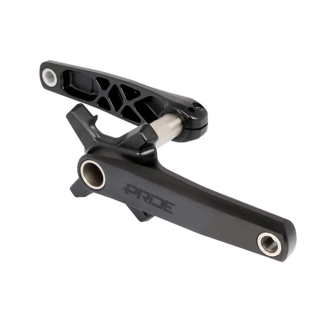 The Pride Newton SX Youth Crankset features black BMX race cranks with a "PRIDE" logo and an attached spindle, showcased against a white background.