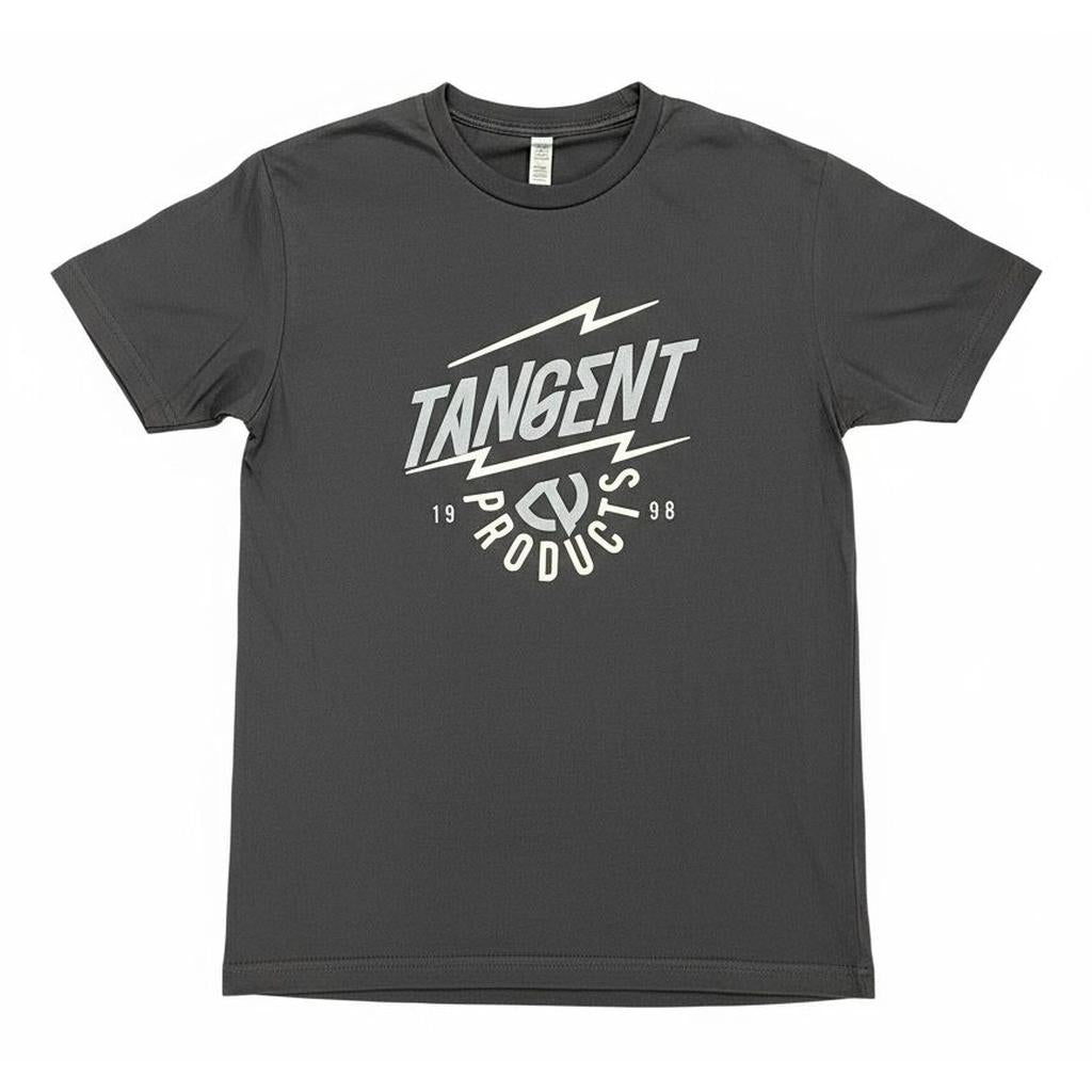 The Tangent T-Shirt in dark gray features a white "Tangent Products" graphic with "1998" split on each side—fresh off the track and perfect for fans of stylish tees.