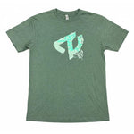 The Tangent T-Shirt from Sweet Tees is a green short-sleeve tee with a light green abstract Tangent design and small text on the upper left front, shown laid flat on a white background.