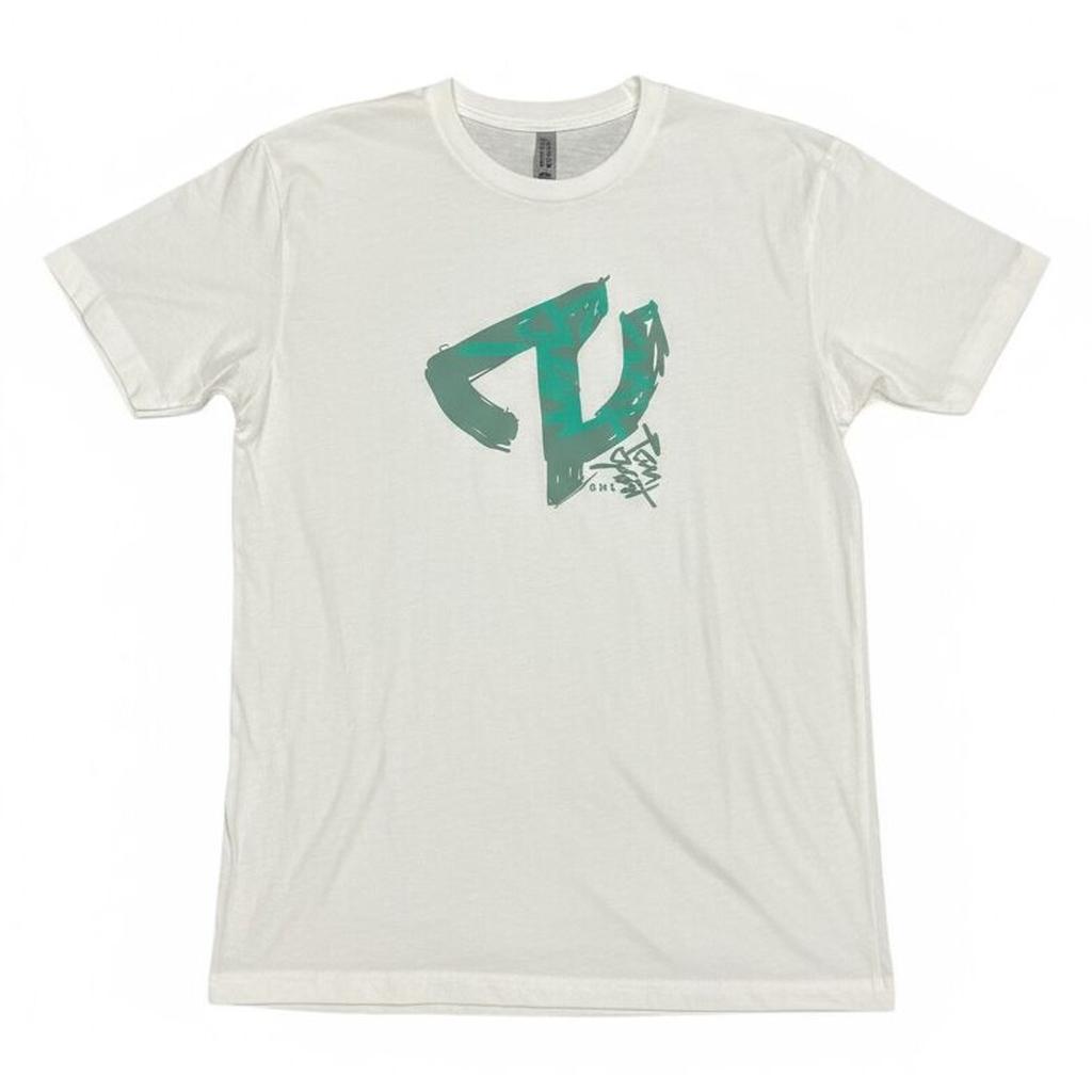 The Tangent T-Shirt features a large teal abstract design and stylized Tangent text on the chest, shown laid flat on a white background.