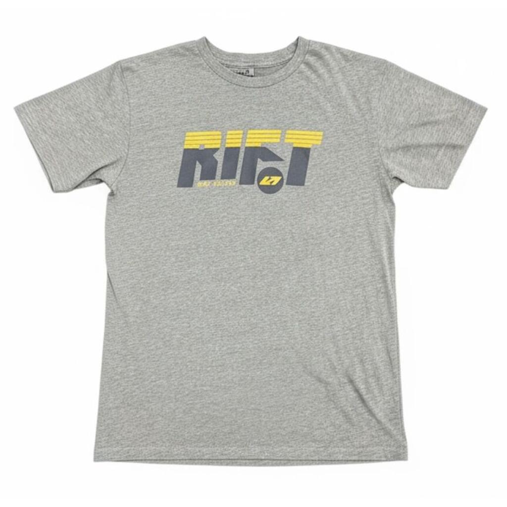 The Rift T-Shirt is a heather gray short-sleeve tee with "RIFT" in bold yellow and gray block letters on the front, plus a small circular logo underneath.