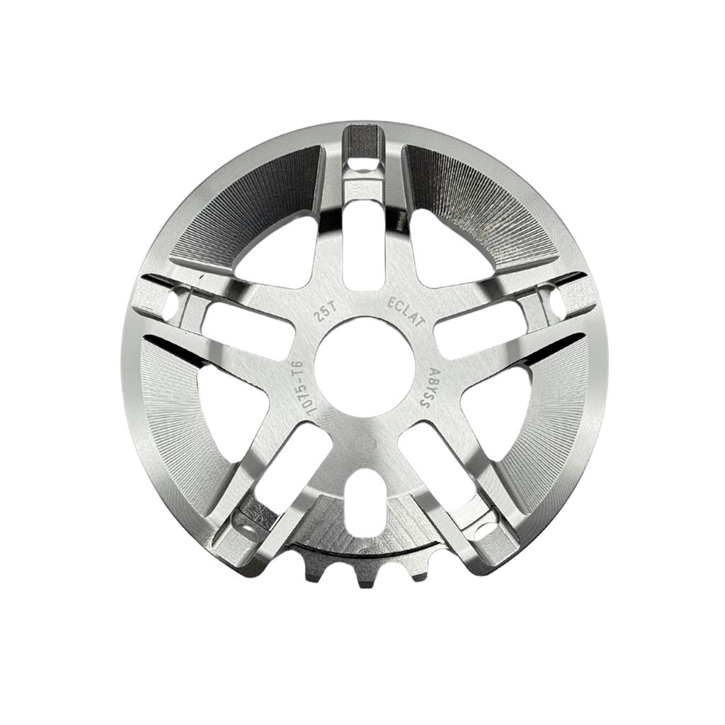 The Eclat Abyss Guard Sprocket is a silver BMX sprocket with five spokes, cutouts, and engraved text: "25T," "ECLAT," and "AL-635.