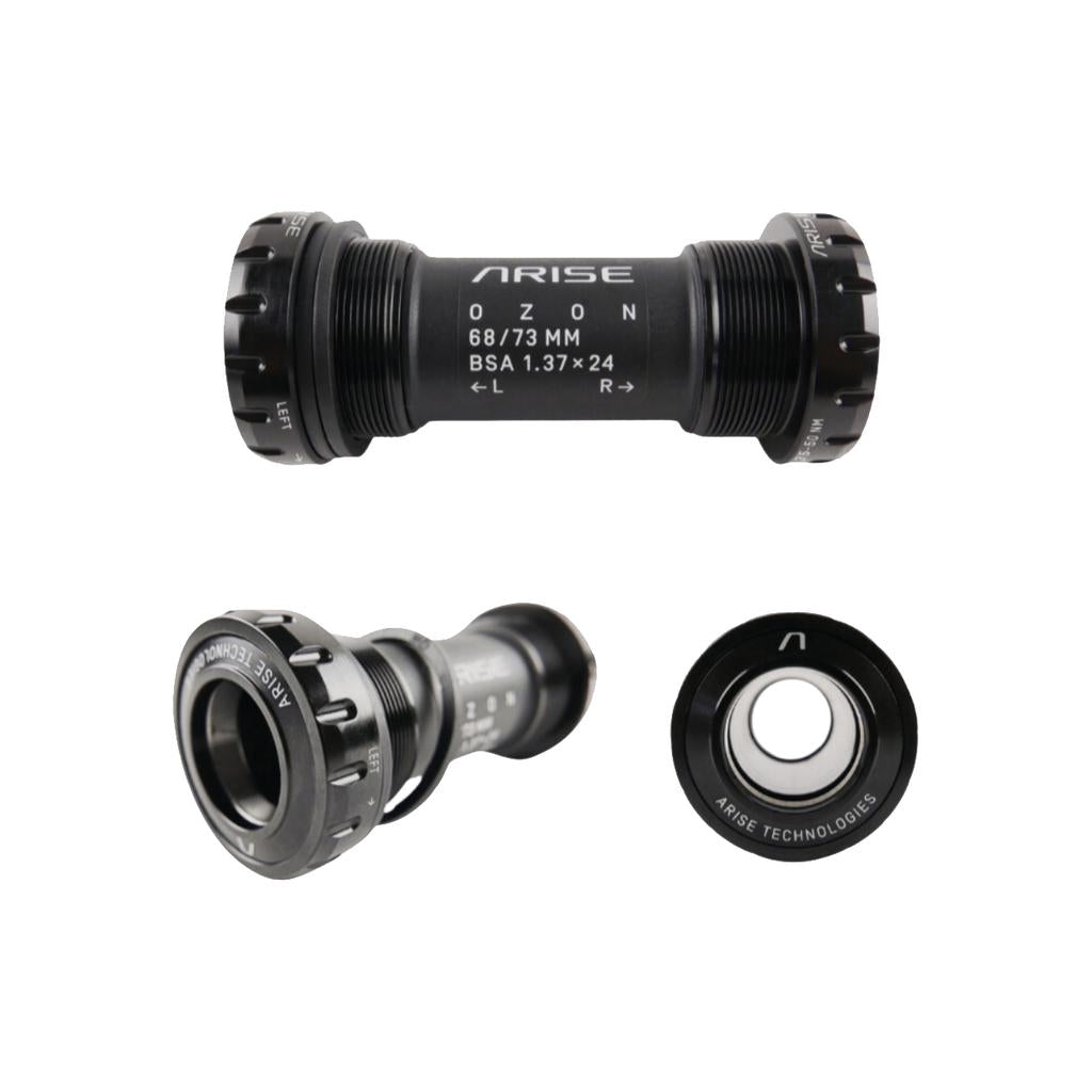 The Arise Ozon Euro External Bottom Bracket features a sleek black cylindrical design with BSA threading and grooves for easy installation, CNC machined from 6061-T6 alloy. It's ideal for enhancing your BMX race frame and includes multiple components.