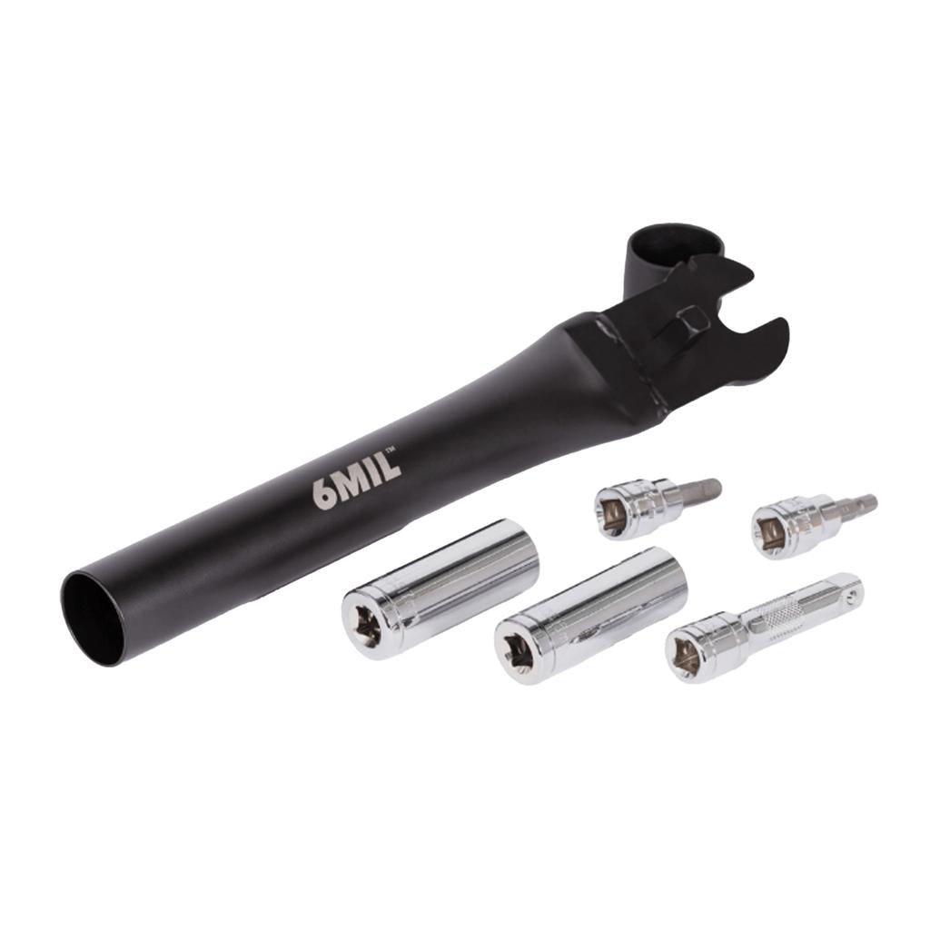 A 6MIL MT-01 Multi Tool in black, featuring five interchangeable chrome vanadium steel socket and bit attachments, displayed on a white background.