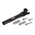 A 6MIL MT-01 Multi Tool in black, featuring five interchangeable chrome vanadium steel socket and bit attachments, displayed on a white background.