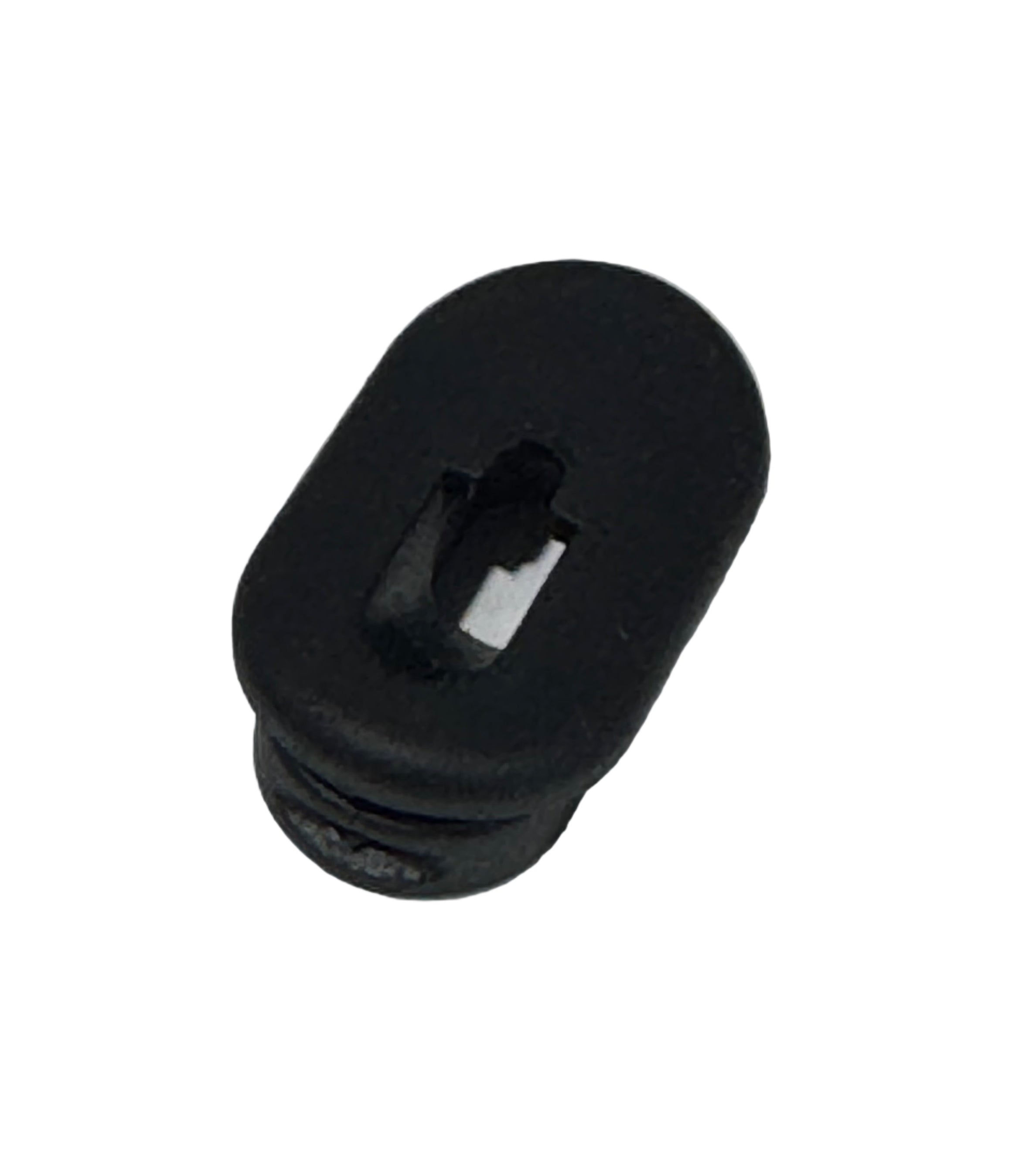 The Grommet For Internal Brake Hose Routing is a black plastic oval plug with a central slot, perfect for organizing brake hoses or internal routing; shown isolated on a white background.