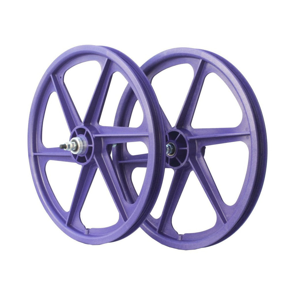 Two purple Skyway Tuff 6 Spoke Wheelsets on a white background.