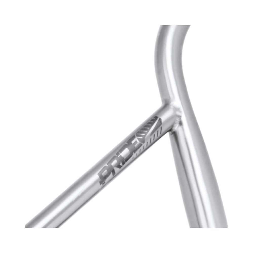 Close-up of a silver bike frame featuring the "PRO" logo, with a lightweight Pride Titanium 373 Blanc Replica 31.8 HD Bar complementing the design.