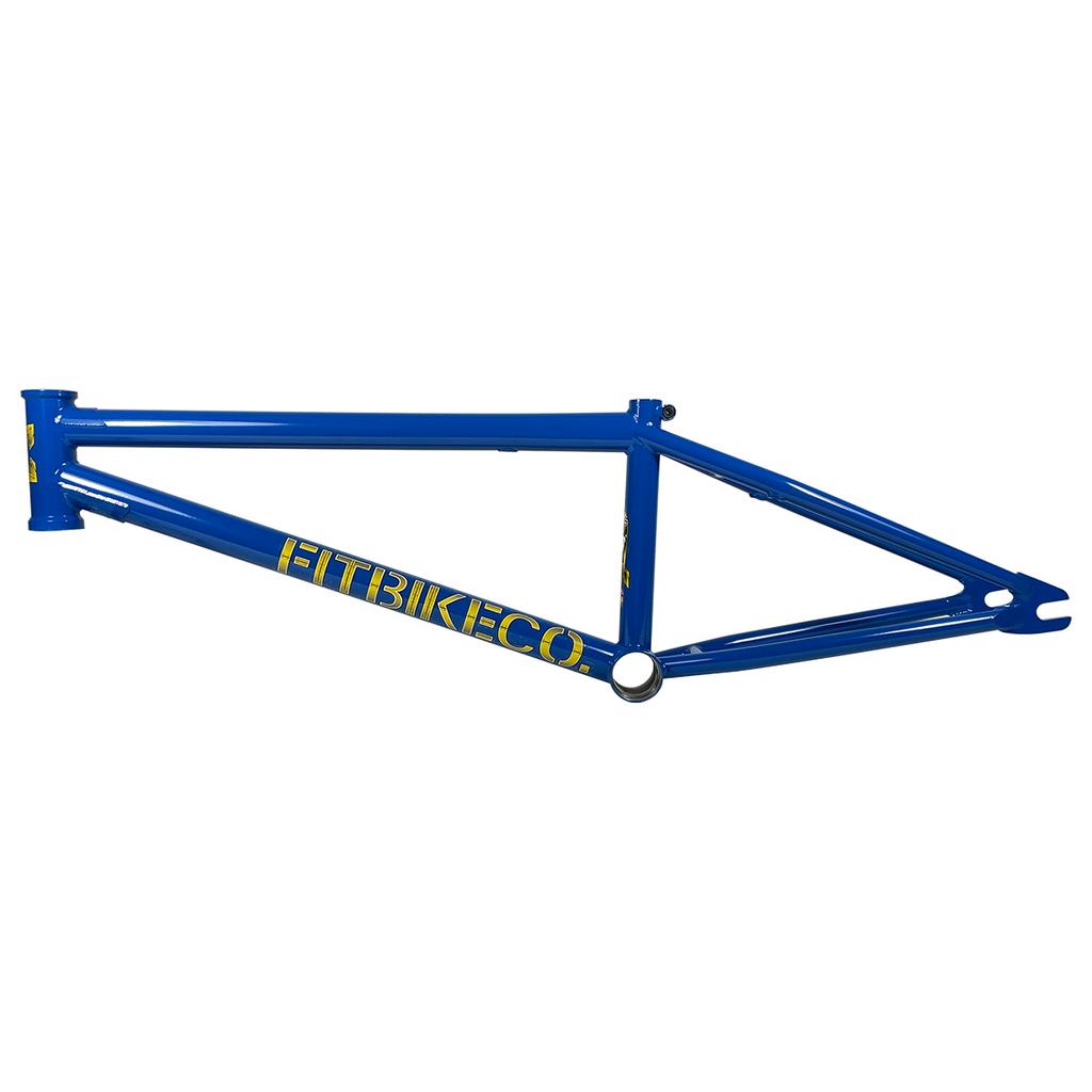The Fit Bike Co Squib 20 Inch Frame is a blue BMX frame with "FITBIKECO." in yellow, made from durable chromoly. Designed for smaller riders, its triangular trails/transition geometry fits perfectly but comes without wheels, seat, or handlebars.