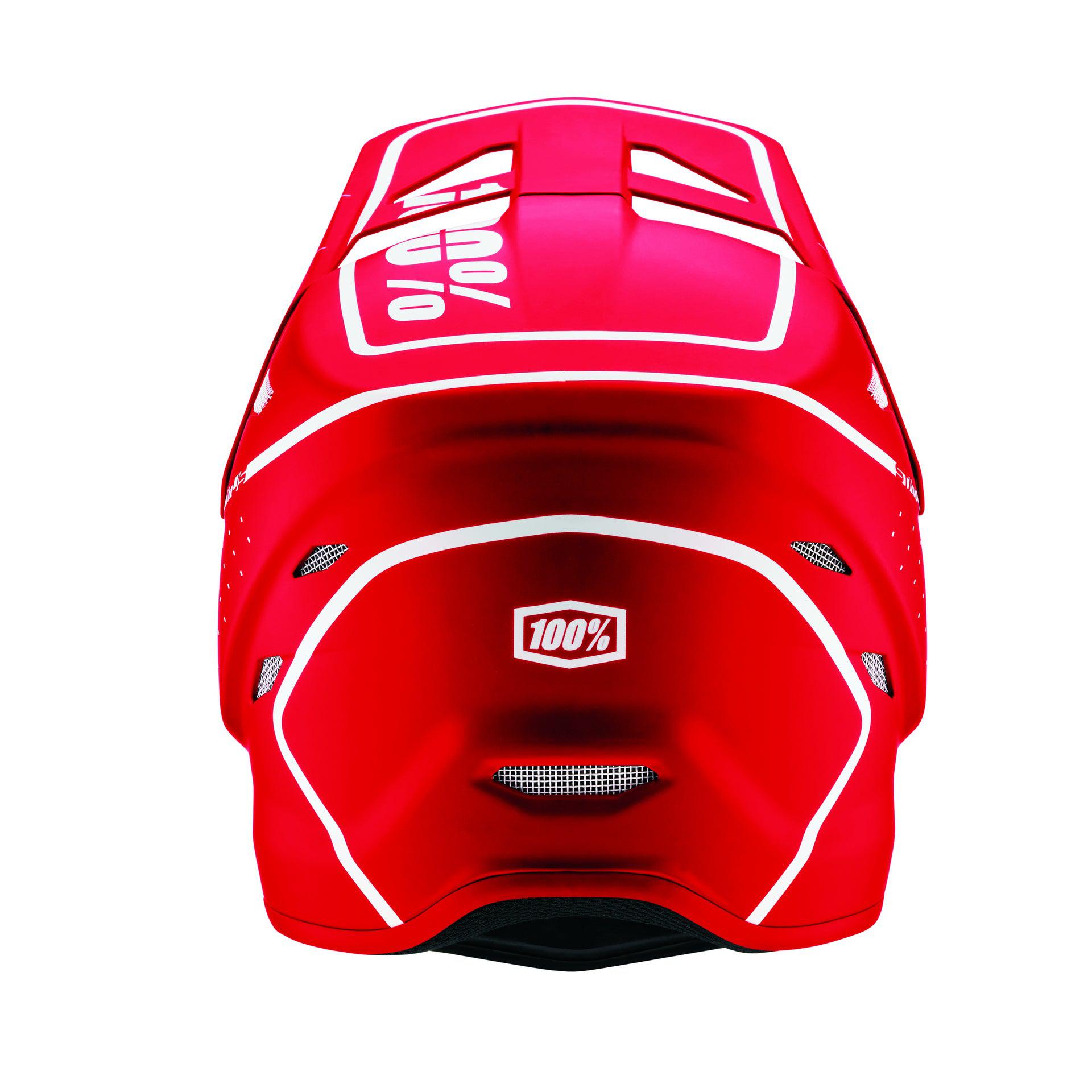 A red and white 100% Status Helmet Dreamflow Red, viewed from the rear, displaying the logo and ventilation holes. Available in youth sizes for full face protection.