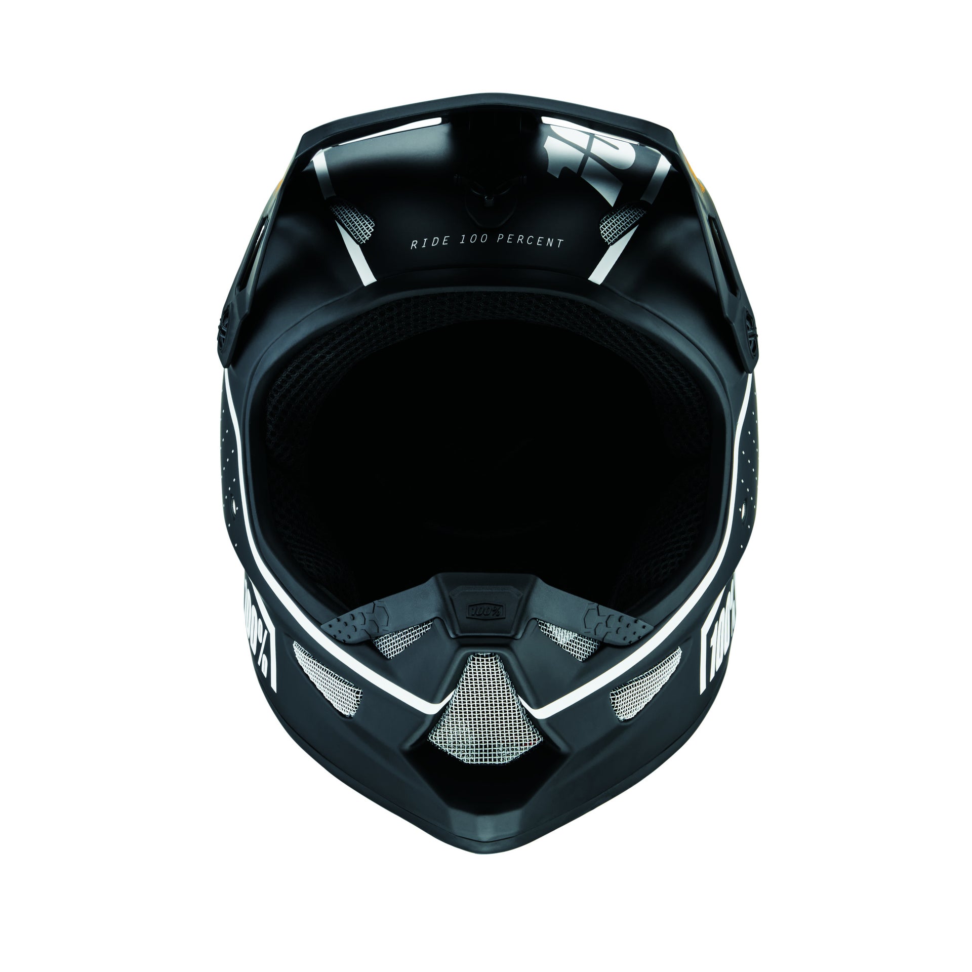 Front view of a black and white full-face 100% Status Helmet Dreamflow Black with the text "RIDE 100 PERCENT" on the inside top edge, also available in youth sizes.