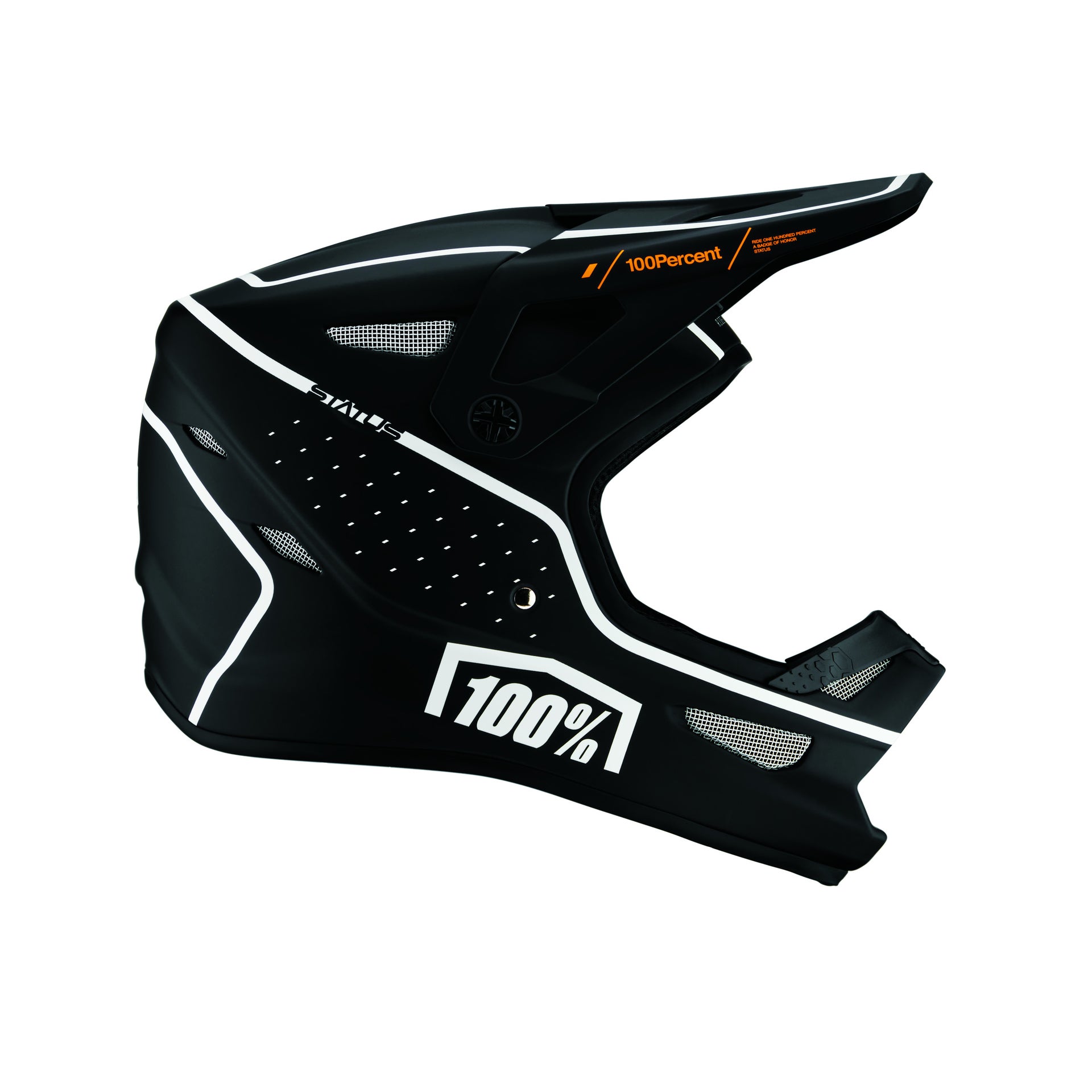A black full-face BMX 100% Status Helmet Dreamflow Black with white and orange accents, featuring a "100 Percent" logo on the side, available in youth sizes.
